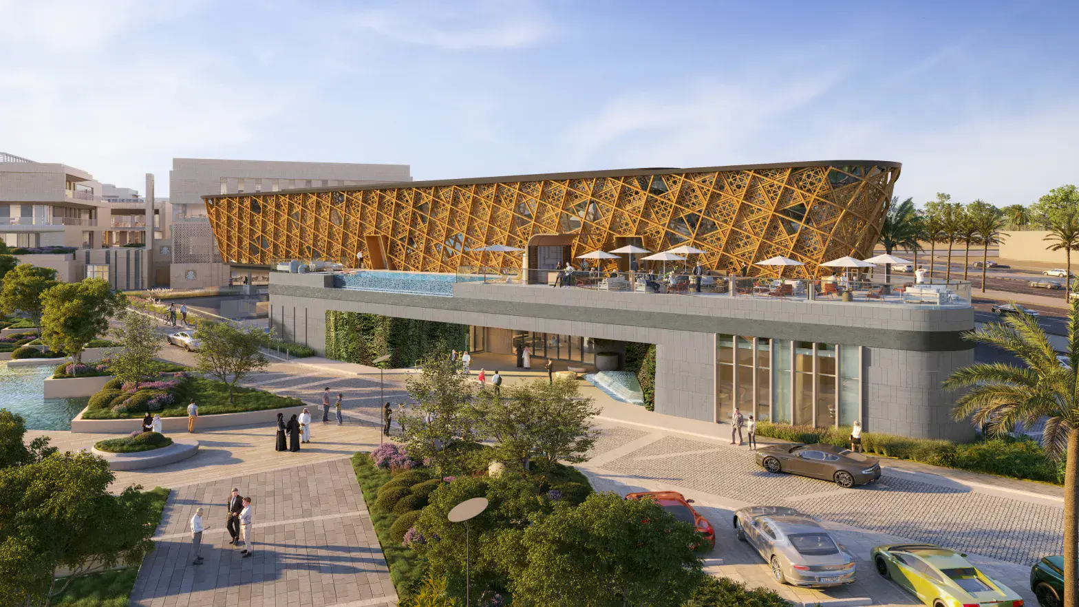 Modern architectural scene surrounded by lush greenery and a plaza with people and parked cars, under a clear blue sky.