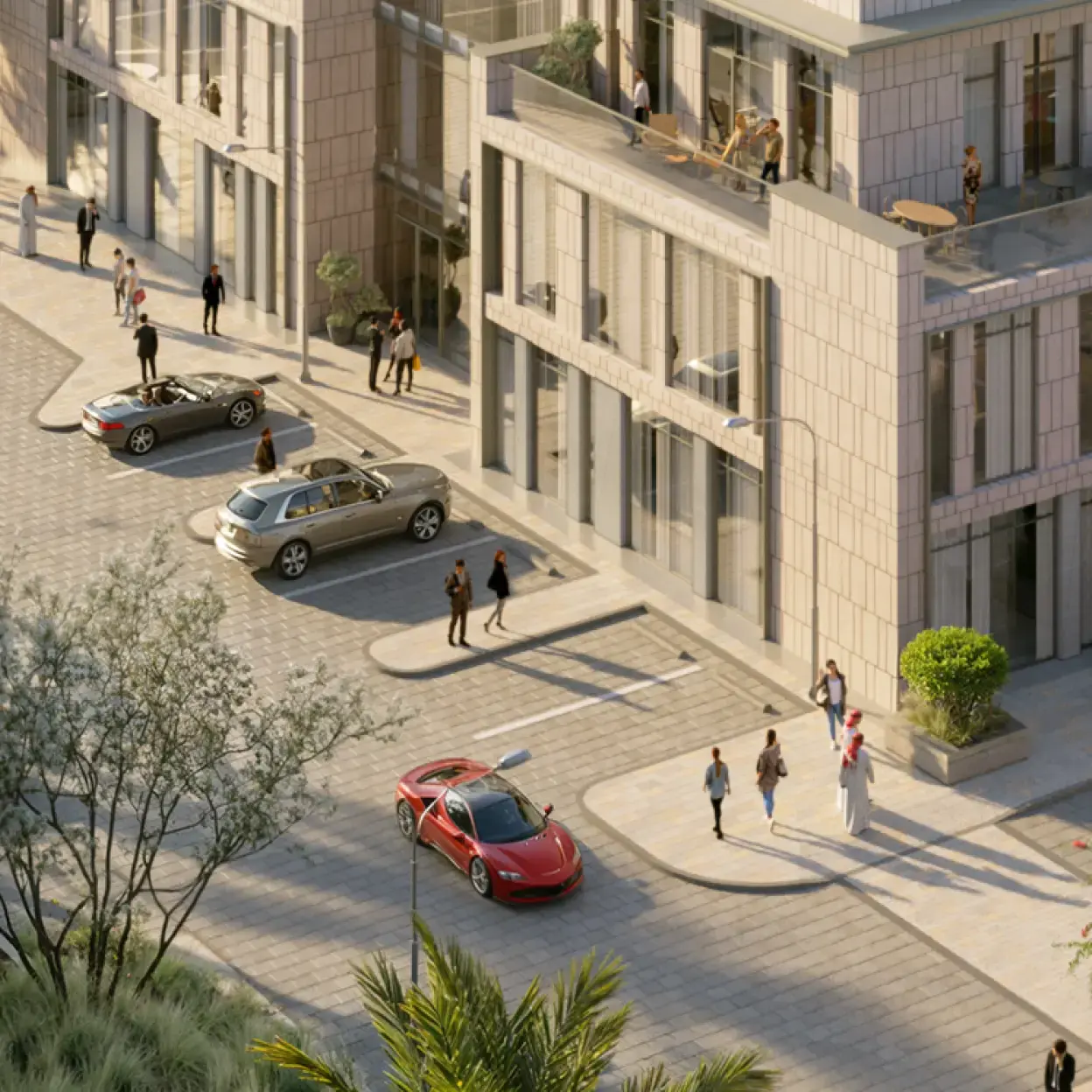 A sunlit urban setting with modern buildings, parked cars, and groups of people casually strolling and conversing on a wide, tree-lined sidewalk.