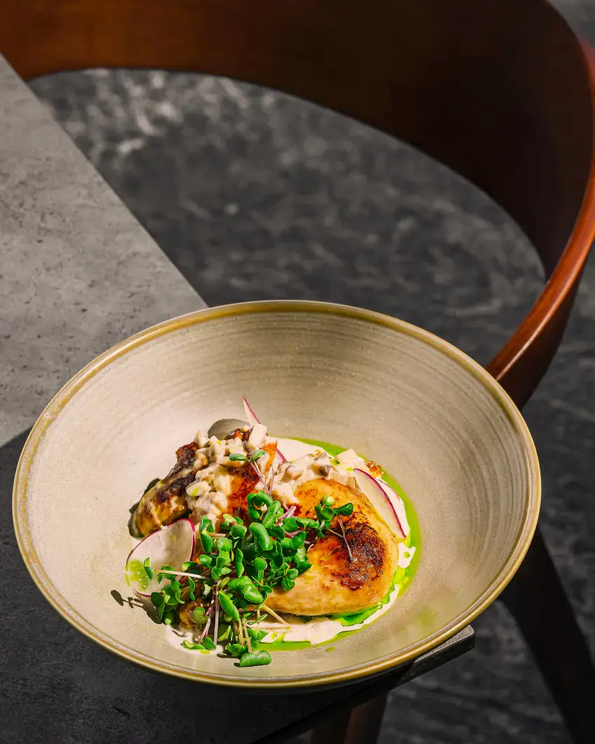 A beige ceramic bowl with a gourmet dish of seared chicken, creamy sauce, radish slices, and microgreens, placed on a dark stone table. The setting is elegant.
