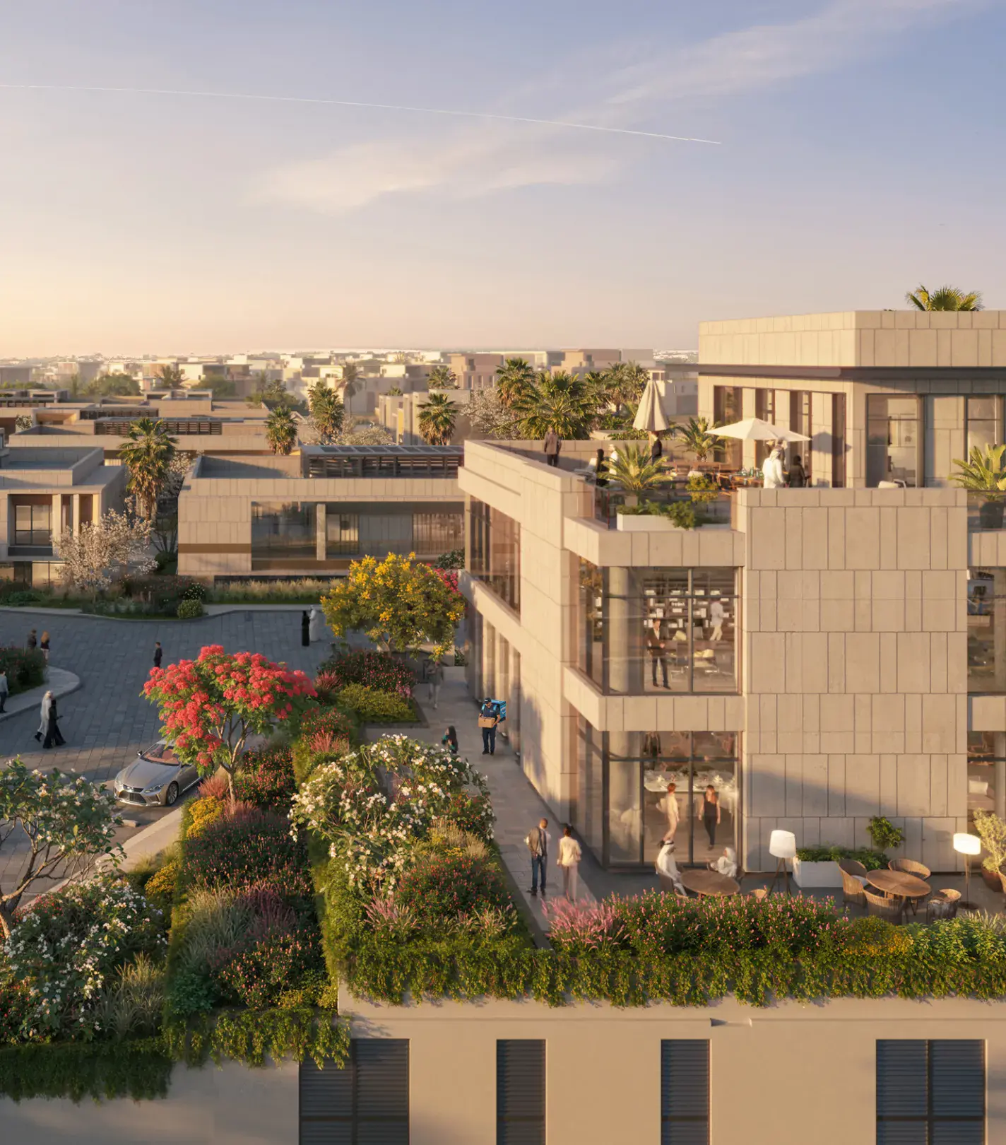 A modern building with a lush rooftop garden is featured at sunset. People socializing on the terrace, surrounded by greenery and vibrant flowers. Peaceful atmosphere.