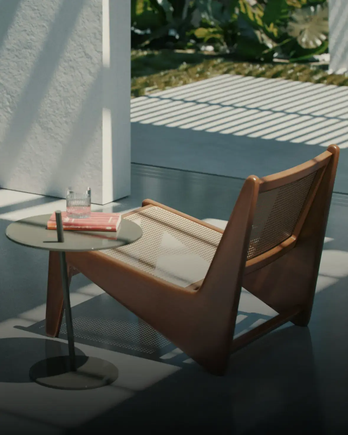 A sunlit modern living room with a wooden chair, round table, book, and glass of water. Shadow patterns create a peaceful and serene atmosphere.