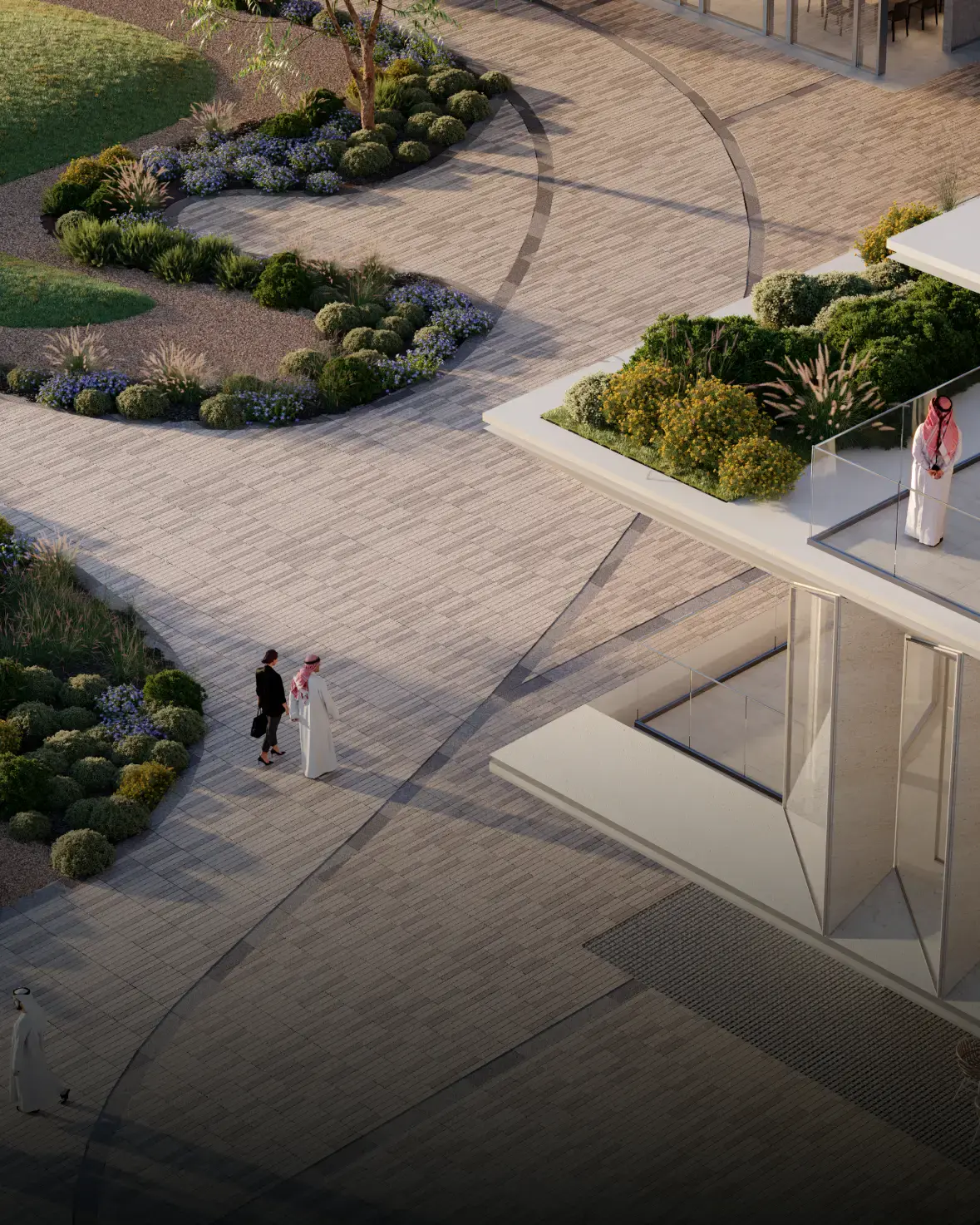 A modern terrace overlooks a landscaped garden path. Several people in traditional Middle Eastern attire converse, set against a background of greenery and elegance.
