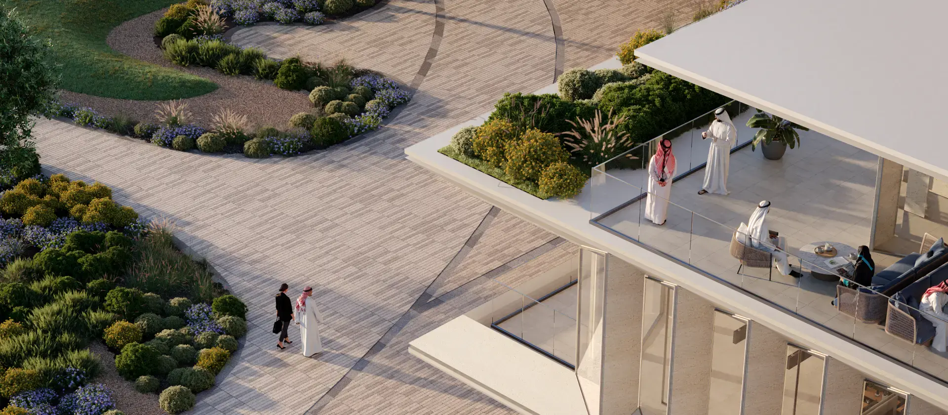 A modern terrace overlooks a landscaped garden path. Several people in traditional Middle Eastern attire converse, set against a background of greenery and elegance.