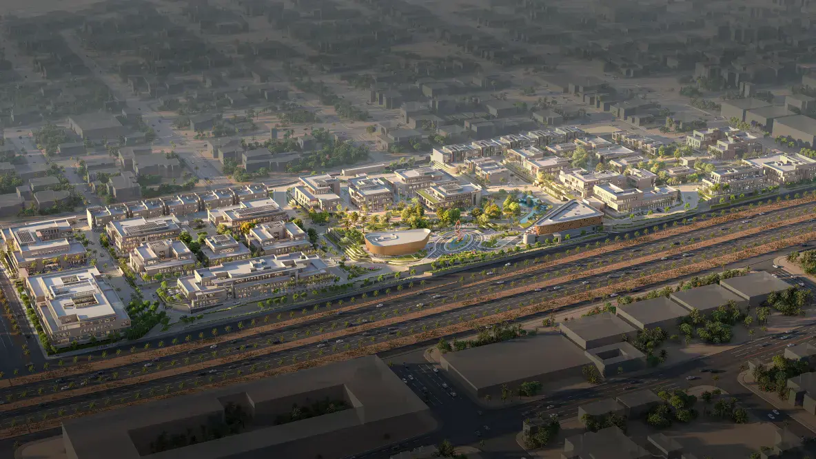 Architectural 3D render showing the three zones and key communal spaces