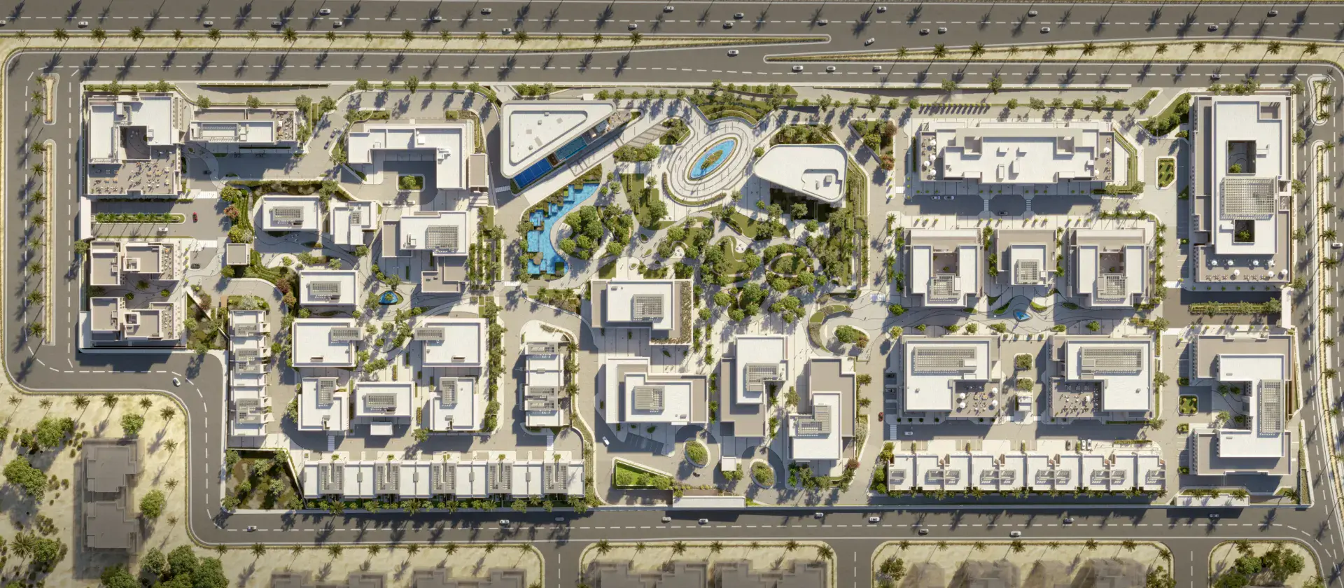 A birds eye view and map of Prime Business Resort showing each zone