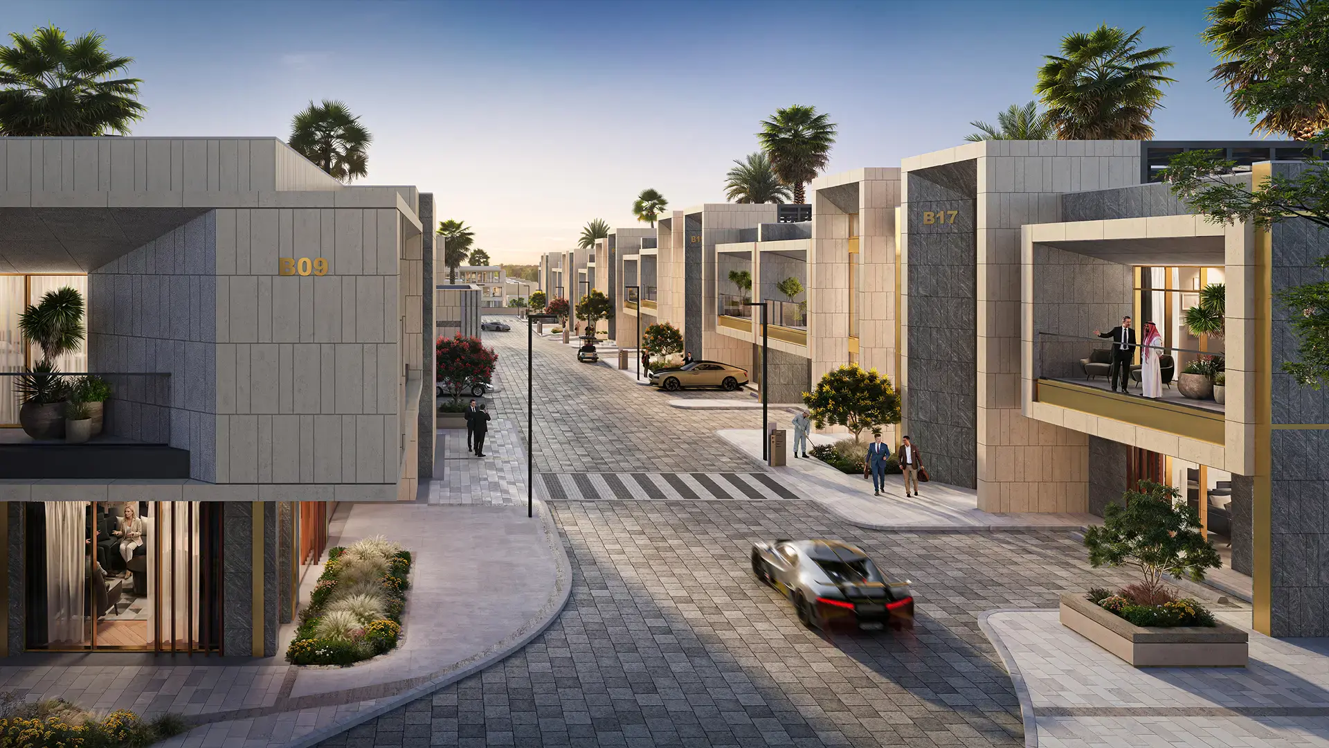 Modern residential street with luxury villas, palm trees, and people walking and conversing during sunset.